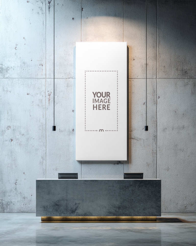 Long Vertical Poster Frame Mockup in Clean Reception Interior preview image